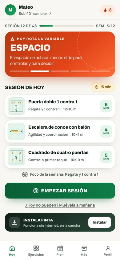 Pantalla Hoy: la variable que rota, los tres ejercicios de la sesión y los 15 minutos