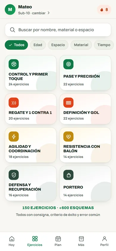 Las 8 categorías de ejercicios con su cantidad, más el buscador y los filtros